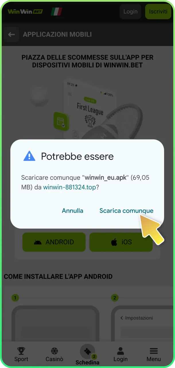 Conferma download e inizia a divertirti su WinWin.
