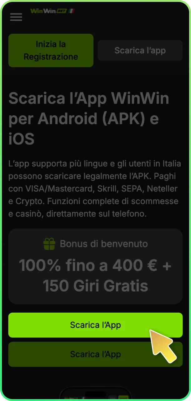 Tocca pulsante e avvia app iOS WinWin.