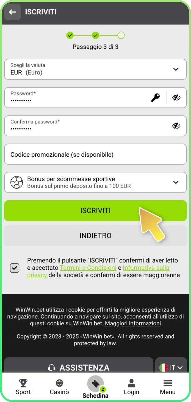 Conferma registrazione e inizia a giocare su WinWin.