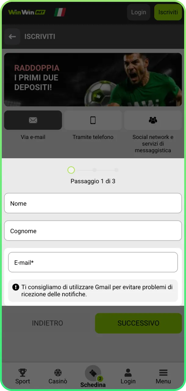 Inserisci dati corretti e accedi a WinWin.