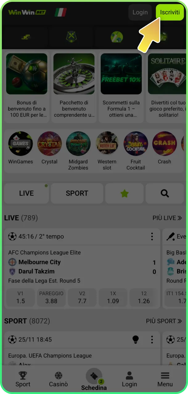 Tocca metodo registrazione e crea account su WinWin.