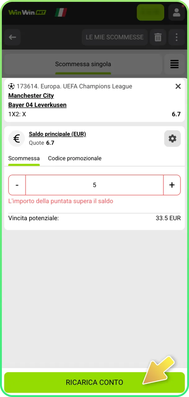 Inserisci importo e conferma scommessa su WinWin.