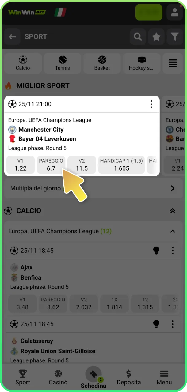 Seleziona evento e gioca subito con WinWin.