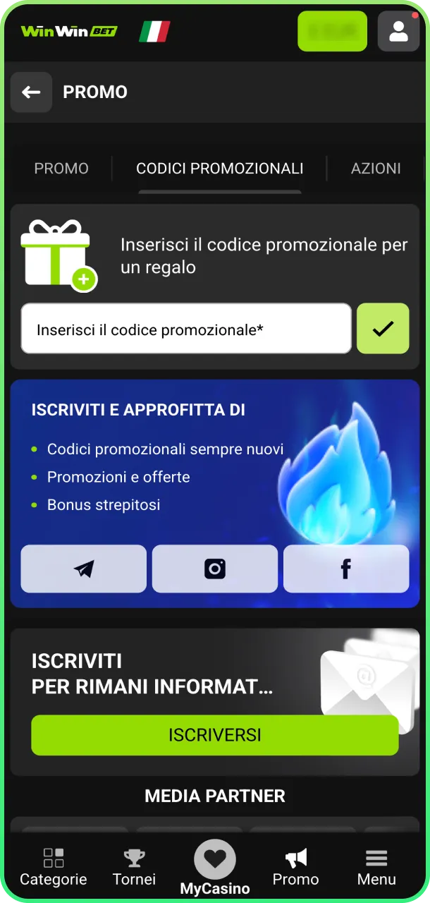Inserisci codice promo e ottieni vantaggi su WinWin.