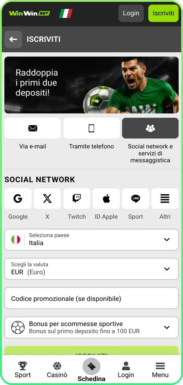 Registrati e ottieni bonus esclusivi su WinWin.