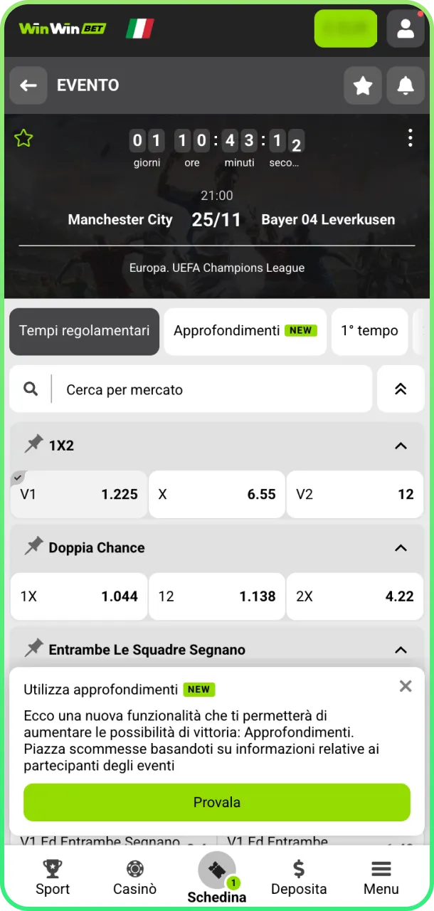 Seleziona evento calcio e piazza scommesse vincenti su WinWin.