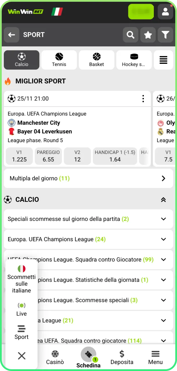 Accedi alla sezione calcio e scopri emozioni su WinWin.
