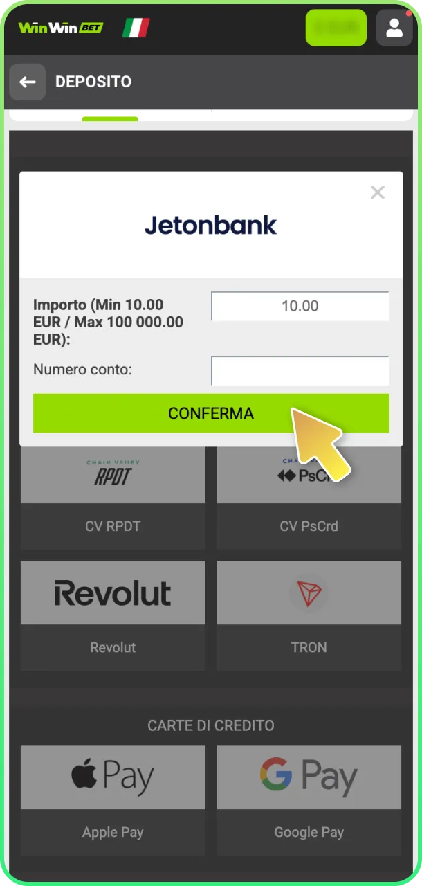 Deposita fondi e inizia a giocare casinò live su WinWin.