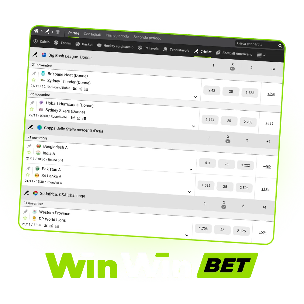 Accedi alla sezione principale cricket e gioca su WinWin.