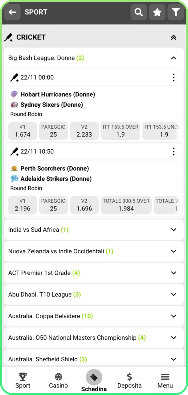 Seleziona partita cricket e prova a vincere su WinWin.