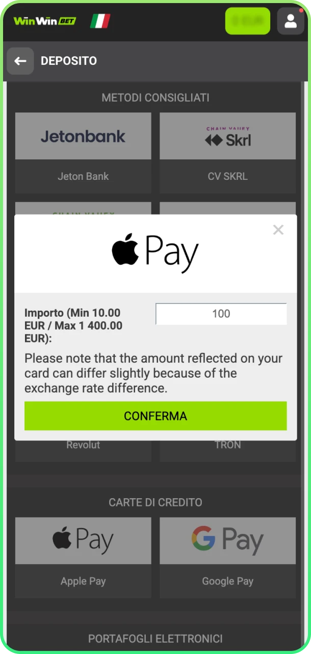 Scegli metodo e inserisci importo per giocare su WinWin.