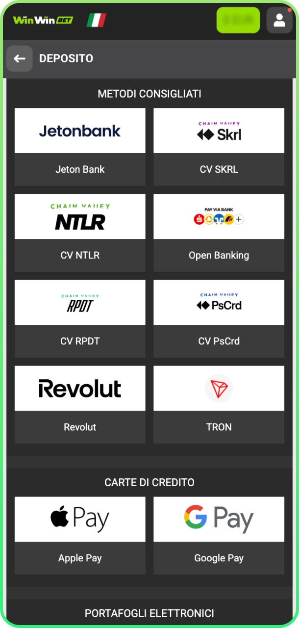 Effettua il deposito facilmente su WinWin e gioca subito.
