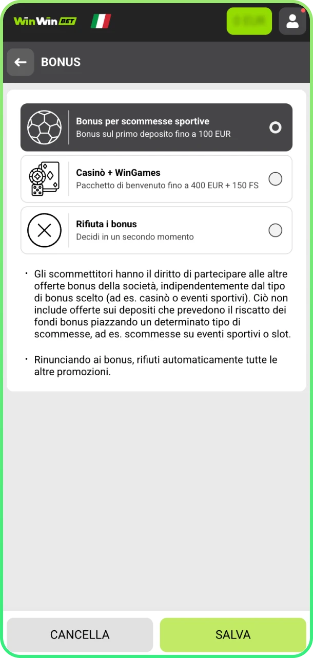 Verifica saldo e bonus disponibili su WinWin ora.