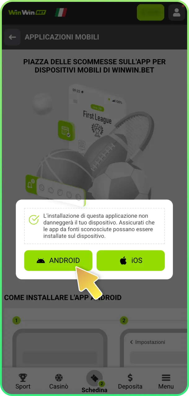 Seleziona sistema e installa app eSports WinWin.