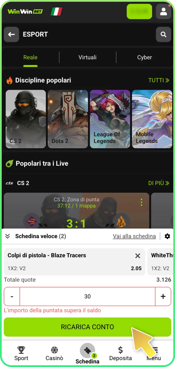 Seleziona evento e punta sugli eSports su WinWin.