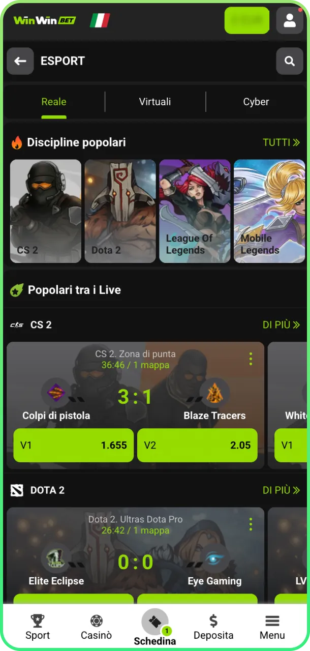 Accedi alla sezione eSports e gioca su WinWin.