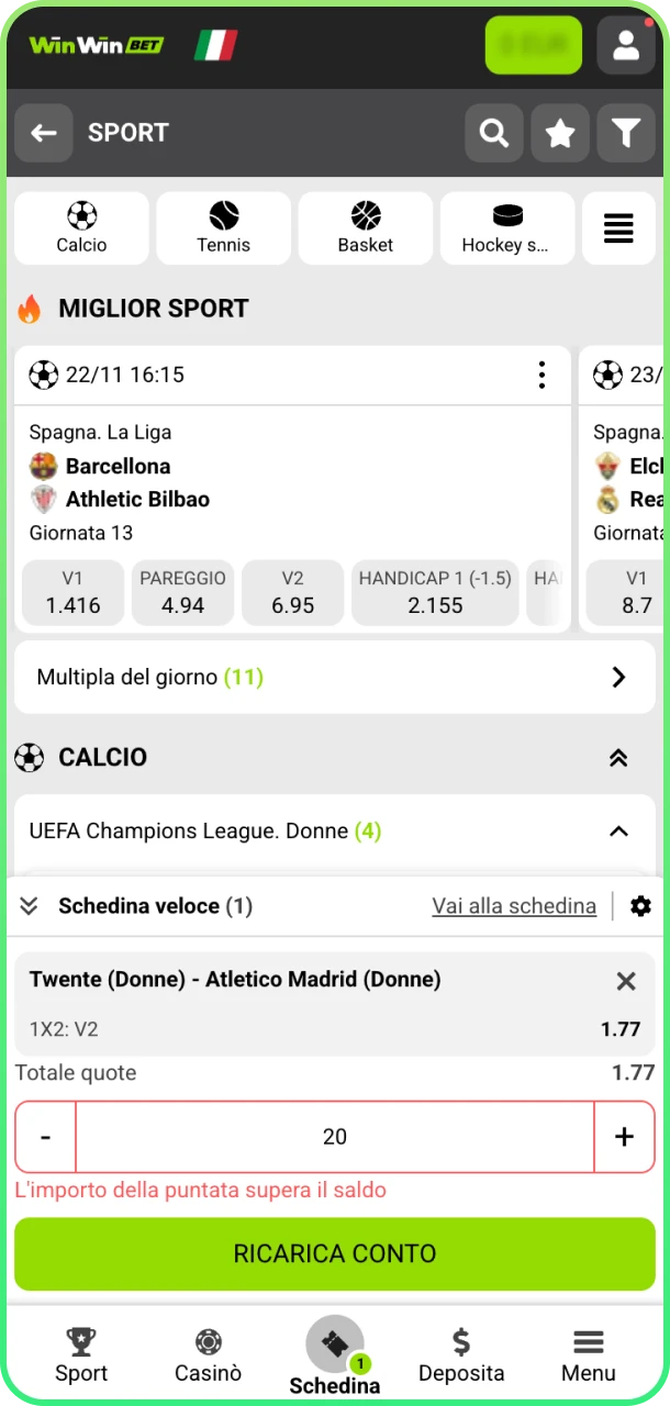 Aggiungi quota e scommetti subito con WinWin.