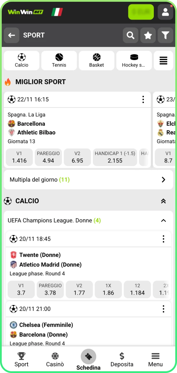 Seleziona evento e piazza scommesse vincenti su WinWin.