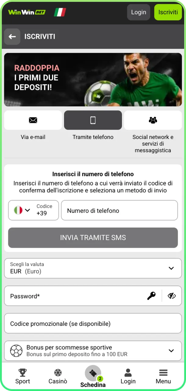 Apri app e verifica account per scommesse su WinWin.