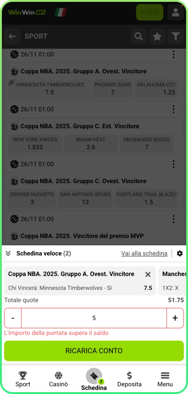 Inserisci importo e piazza scommessa pallacanestro su WinWin.