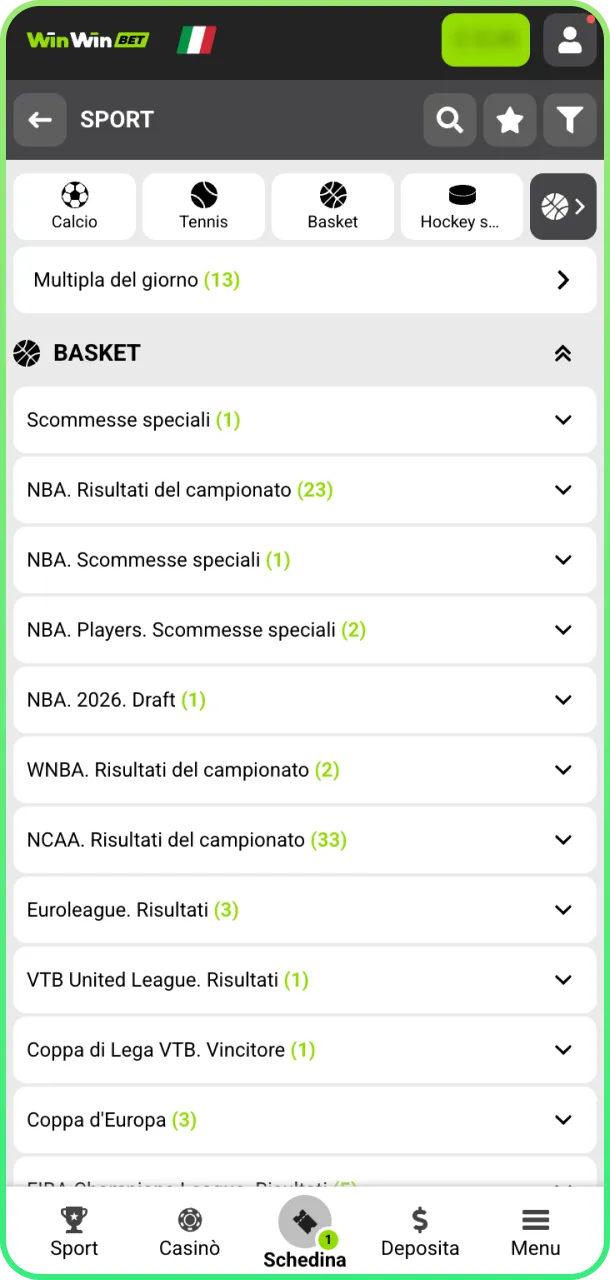 Scegli campionato e gioca a scommesse pallacanestro su WinWin.