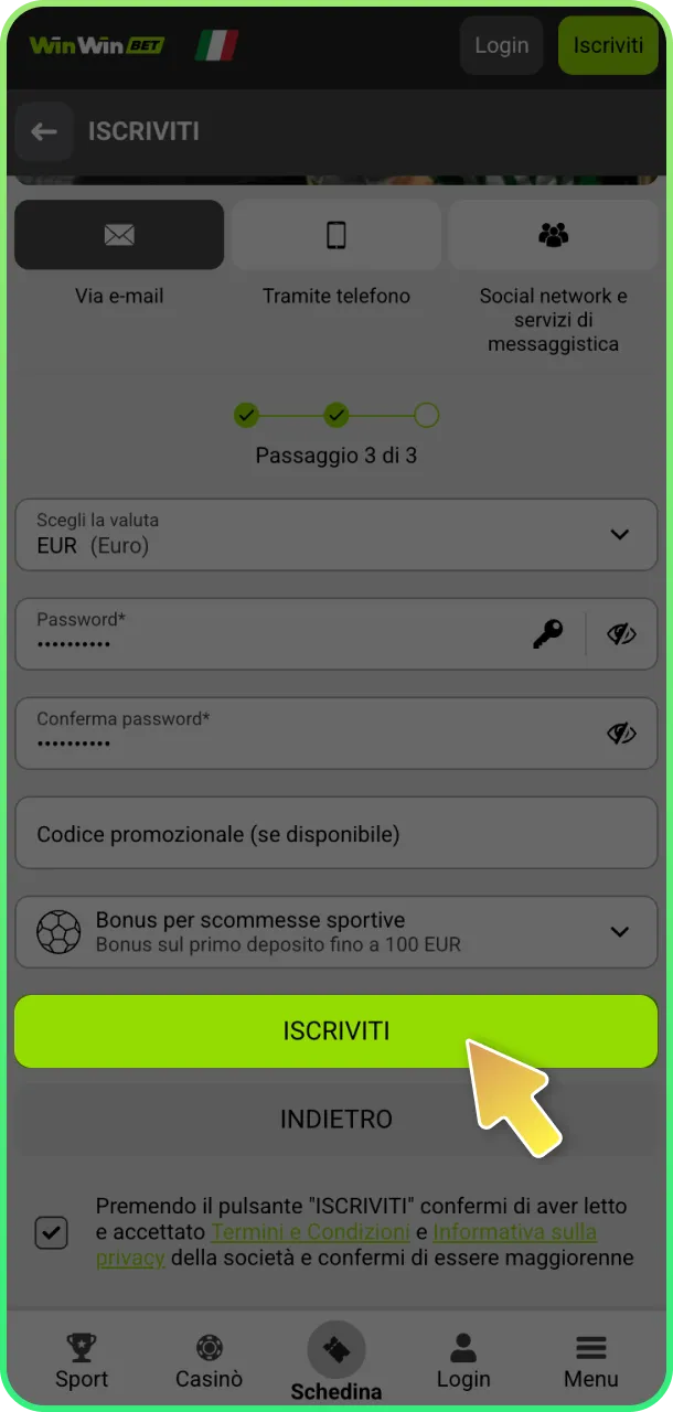 Conferma accesso e inizia a divertirti su WinWin.