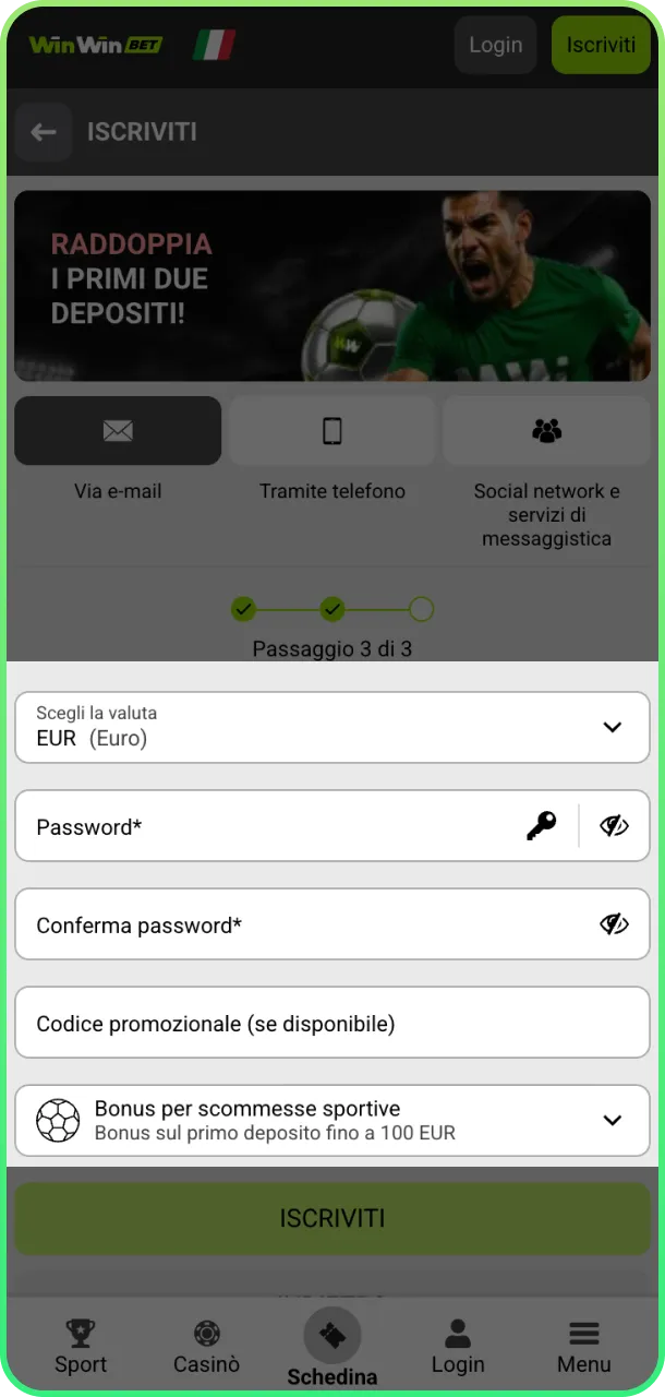Crea credenziali e gioca in sicurezza su WinWin.