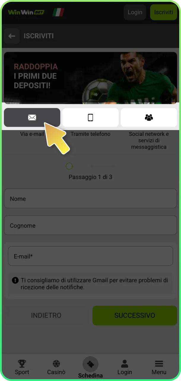 Scegli metodo registrazione e inizia subito su WinWin.