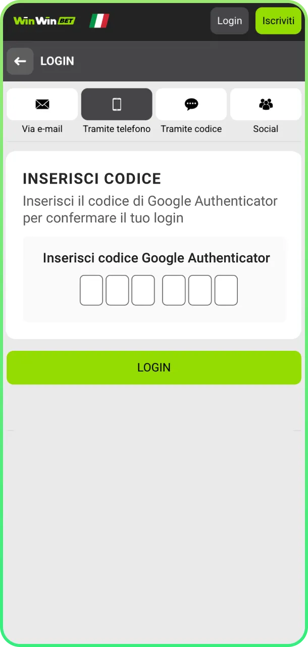 Inserisci codice 2FA per sicurezza account su WinWin.