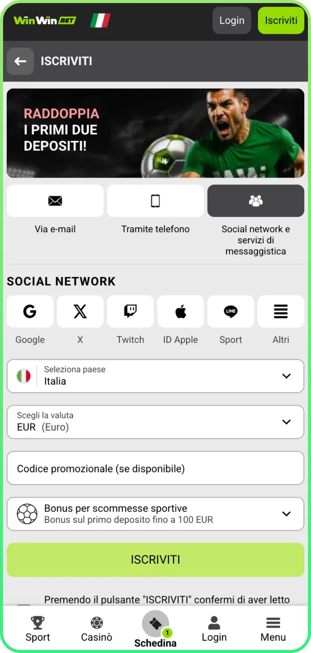 Avvia app e accedi subito alle scommesse tennis su WinWin.