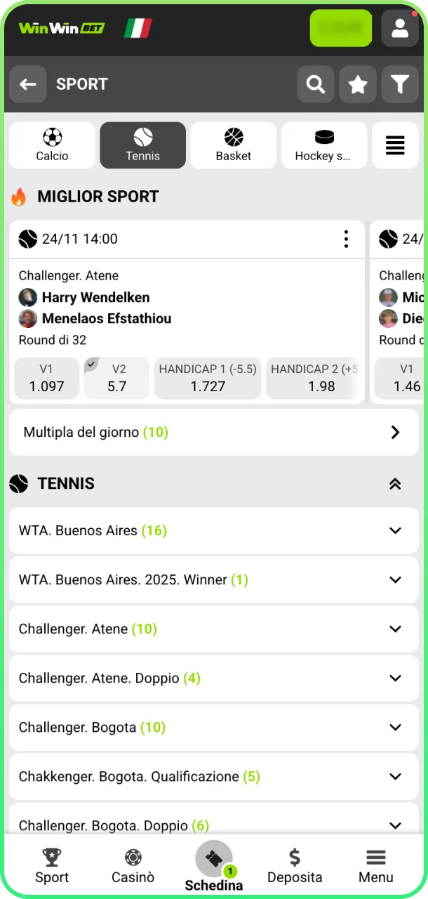 Imposta limiti tennis sull’app e gioca con WinWin.
