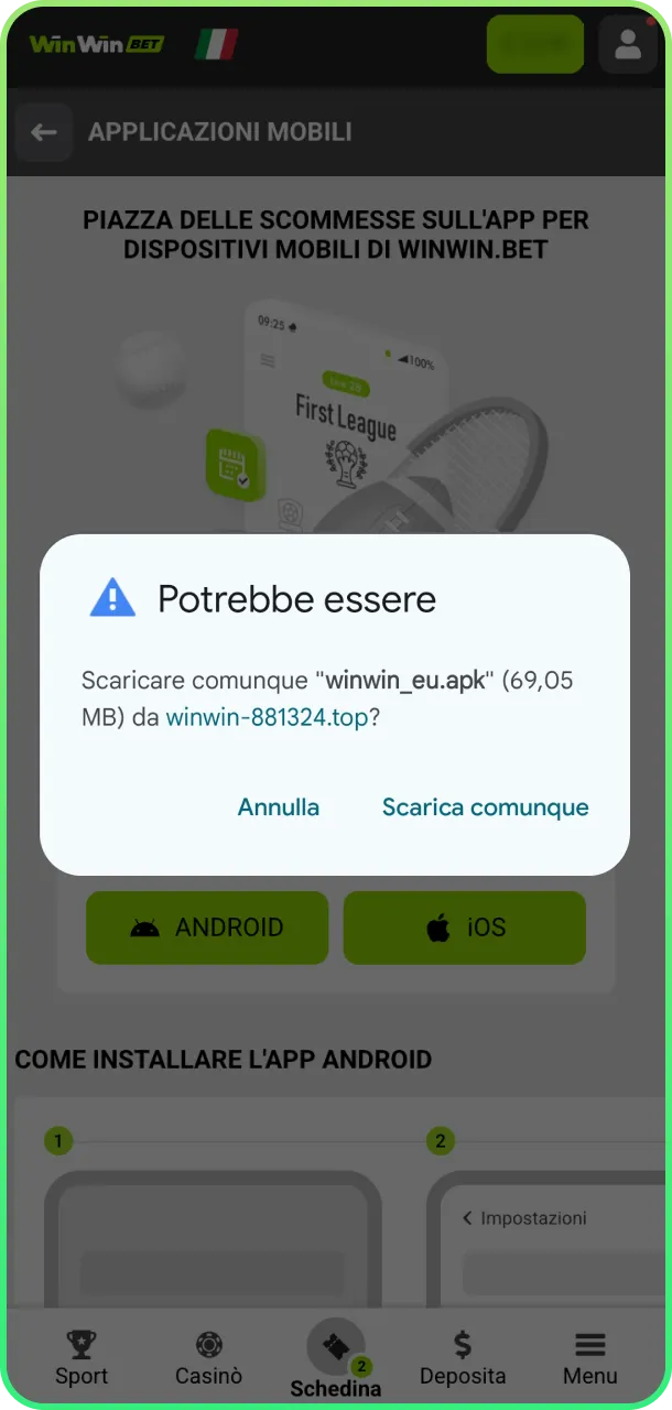 Scarica installa app tennis e scommetti su WinWin.