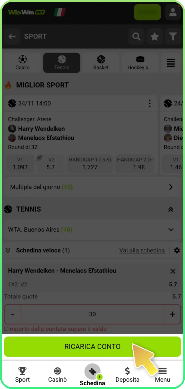 Conferma verifica e inizia scommesse tennis con WinWin.