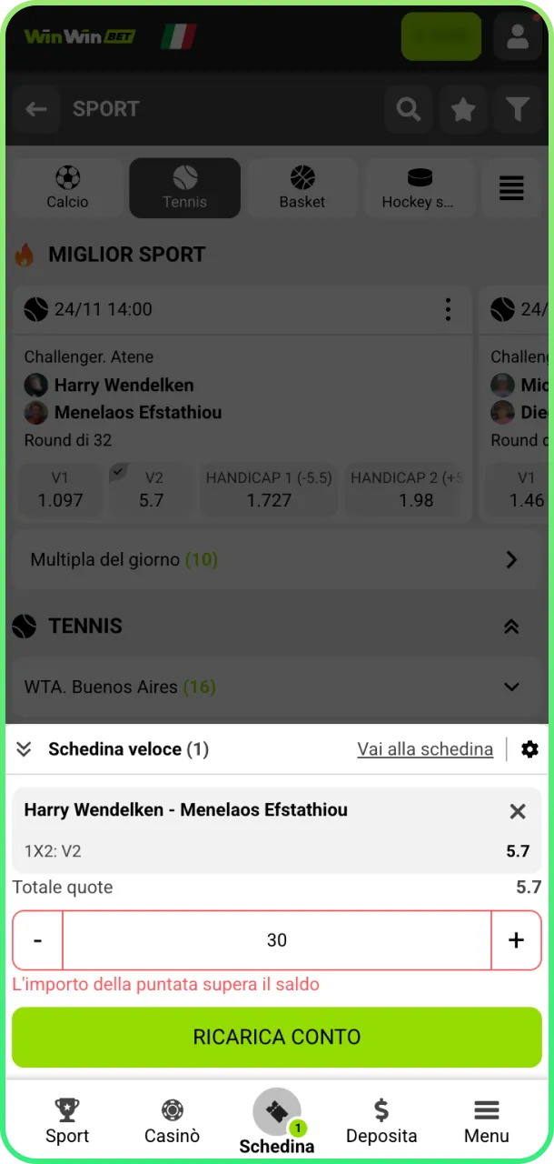 Inserisci importo e piazza scommessa tennis su WinWin.