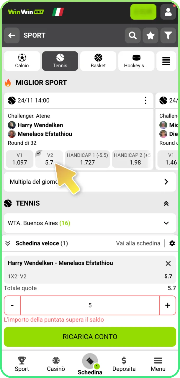 Seleziona mercato tennis e prova a vincere su WinWin.