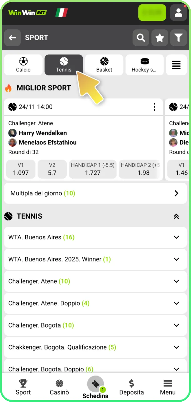 Entra nella sezione tennis e gioca su WinWin.